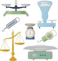 A large set with the image of scales of various shapes and purposes. Vintage store scales of various shapes. Vector illustration isolated on a white background