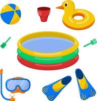 A bright summer beach set consisting of beach accessories, such as inflatable ones a pool, a ball,a duck for swimming. It also consists of a diving mask,fins and a bucket with a sand shovel. vector