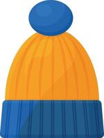 A warm children s knitted hat of blue and yellow color with a cute bumbone. A warm hat for walking in cold weather. Warm clothes. Vector illustration isolated on a white background