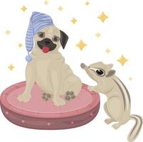 una ilustración infantil brillante y linda con la imagen de un lindo cachorro de pug sentado en una almohada y una ardilla listada de pie junto a él. lindos animales rodeados de estrellas. ilustración infantil para una impresión vector