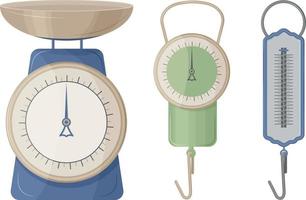 Kanter scales for weighing products and other items. Vintage store scales of various shapes. Vector illustration isolated on a white background