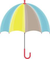 A bright multi-colored umbrella in yellow, blue and gray with a red handle. An accessory for protection from rain and bright sun. An umbrella for walking in rainy weather. Vector illustration