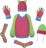 A set of warm autumn clothes, such as a sweater, gloves, warm socks and red and green hats. Autumn-winter set of clothes for walking in cold weather. Vector illustration on a white background