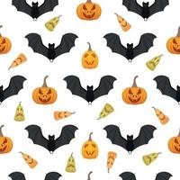 A bright seamless pattern with the image of jack-o - lanterns and black bats. A pattern with Halloween symbols. Pattern for a print with pumpkins. Vector illustration