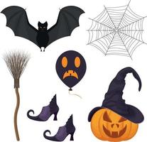 A festive set with Halloween symbols, such as a pumpkin lantern in a witch s hat, a witch s broom, witch boots, a bat, a spider web , as well as balloons with creepy smiles. Vector illustration