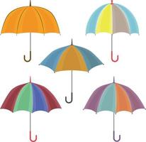 A large set with the image of umbrellas of various colors and shapes. Large bright umbrellas for walking in rainy autumn weather. A device for protection from rain and bright sun. Vector illustration.