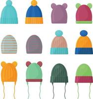 A large set with the image of warm children s knitted hats of various colors and shapes. Insulated hats for walking in cold autumn weather. A warm accessory for cold weather. Vector illustration