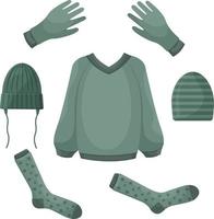 A set consisting of warm autumn clothes, such as a sweater,gloves, warm socks and hats. Autumn set of clothes for walking in cold weather. Vector illustration on a white background