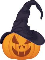 una calabaza en un sombrero de bruja. jack-o-lantern en el sombrero de bruja. el símbolo de la fiesta de halloween. ilustración vectorial aislada en un fondo blanco. vector