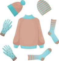 un vistoso conjunto otoño-invierno con prendas de abrigo, como jersey, calcetines, guantes y gorros. ropa abrigada para caminar en climas fríos. conjunto de moda, ilustración vectorial aislada en un fondo blanco vector