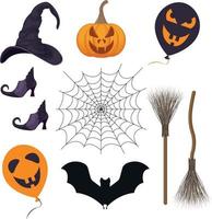 A festive set featuring Halloween symbols, such as a pumpkin lantern, a witch s broom, witch boots, a bat, a spider web and a witch s hat, as well as balloons with creepy smiles. Vector illustration