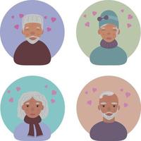 The faces of dark-skinned elderly people. Avatars of happy black grandparents. Portraits of smiling old people on Valentine s Day. Funny faces with hearts above their heads. Vector illustration