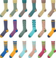 A large set with the image of warm socks in various colors and shapes. Insulated socks for walking in cold autumn weather. A warm accessory for cold weather. Vector illustration