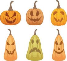 un conjunto festivo brillante con la imagen de calabazas emocionales de varias formas y colores, que simboliza halloween. calabazas naranjas con diferentes emociones. la terrible expresión en la cara de jack-o-lantern vector