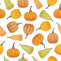 Bright autumn seamless pattern with the image of ripe pumpkins of different shapes and shades. A pattern of ripe vegetables. Pumpkin pattern is a Halloween symbol for the print. Vector illustration