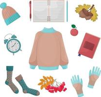 Big autumn school set. With the image of warm clothes and school supplies, such as a notebook, a pen, a pencil, a notebook and an alarm clock. Back to school, vector illustration on white background.