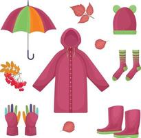 un conjunto grande y brillante que consta de accesorios de otoño, como un paraguas, un impermeable, calcetines cálidos, botas de goma, guantes, un sombrero, una hoja roja de otoño, un serbal. símbolos de otoño. ilustración vectorial vector