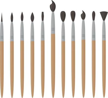 A large set of different brushes for drawing and creativity. Brushes for school children and artists. A set of office supplies. Vector illustration isolated on a white background