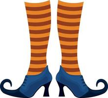 Witch boots of lilac color with pointed noses in striped orange socks. The witch s shoes, a symbol of Halloween. Vector illustration isolated on a white background
