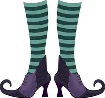 Witch boots of lilac color with pointed noses in striped socks. The witch s shoes, a symbol of Halloween. Vector illustration isolated on a white background