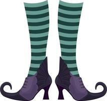 Witch boots of lilac color with pointed noses in striped socks. The witch s shoes, a symbol of Halloween. Vector illustration isolated on a white background