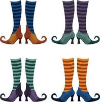 A set with the image of witch shoes in stockings of different colors. Witch nights in stockings and boots. The witch s boots are in socks.Vector illustration isolated on a white background vector