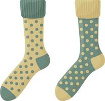 Bright warm multi-colored socks in beige and green colors. Knitted socks to protect your feet from the cold. Vector illustration isolated on a white background