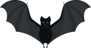 An image of a black bat with fangs and bright orange eyes. A bat with open wings. A blood-sucking flying animal. A Halloween symbol. Vector illustration isolated on a white background