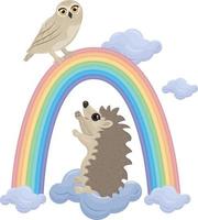 Bright cute children s illustration with the image of a cute hedgehog sitting on a cloud surrounded by a rainbow and looking at a cute owl sitting on a rainbow. Children s illustration for a print vector