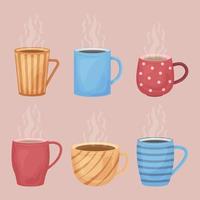 Cups. Glasses side view. A set with the image of glasses of various shapes and colors. Mugs with hot drinks. Collection of glasses for coffee, tea and other drinks. Vector illustration