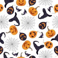 A seamless pattern with Halloween symbols, such as a jack-o - lantern pumpkin, a balloon with creepy grimaces, a witch s hat and shoes, and a spider web. Halloween symbols for the print. Vector