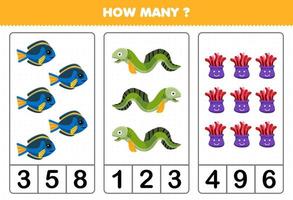 Education game for children counting how many cute cartoon fish eel anemone printable underwater worksheet vector
