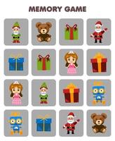 Education game for children memory to find similar pictures of cute cartoon gnome santa gift box teddy bear doll robot printable winter worksheet vector