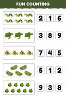 Education game for children fun counting and choosing the correct number of cute cartoon eel turtle piranha sea cucumber shell printable underwater worksheet vector