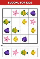 Education game for children sudoku for kids with cute cartoon starfish shell fish printable underwater worksheet vector