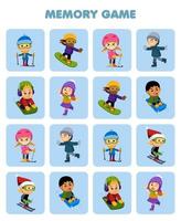 Education game for children memory to find similar pictures of cute cartoon boy and girl playing ski sled snowboard ice skating printable winter worksheet vector