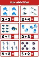 Education game for children fun addition by counting and sum of cute cartoon dolphin tuna fish jellyfish seahorse urchin printable underwater worksheet vector