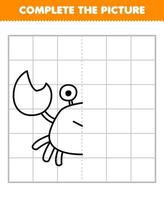 Education game for children complete the picture of cute cartoon crab half outline for drawing printable underwater worksheet vector