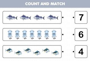 Education game for children count the number of cute cartoon tuna fish squid and match with the right numbers printable underwater worksheet vector