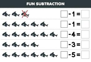 Education game for children fun subtraction by counting cute cartoon orca in each row and eliminating it printable underwater worksheet vector