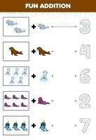 Education game for children fun counting and add one more cartoon beluga walrus squid seal narwhal then choose the correct number underwater worksheet vector