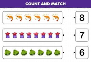 Education game for children count the number of cute cartoon shrimp anemone shell and match with the right numbers printable underwater worksheet vector