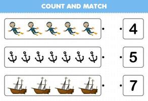 Education game for children count the number of cute cartoon diver anchor wrecked ship and match with the right numbers printable underwater worksheet vector