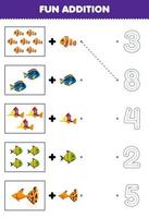 Education game for children fun counting and add one more cartoon fish then choose the correct number underwater worksheet vector