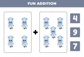 juego educativo para niños divertido además por conteo y elija la respuesta correcta de la hoja de trabajo subacuática imprimible de calamar de dibujos animados lindo vector