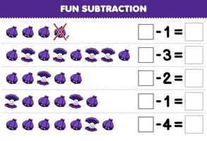 Education game for children fun subtraction by counting cute cartoon shell in each row and eliminating it printable underwater worksheet vector