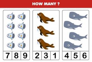 Education game for children counting how many cute cartoon sunfish walrus whale printable underwater worksheet vector