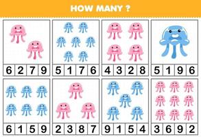 Education game for children counting how many objects in each table of cute cartoon jellyfish printable underwater worksheet vector