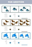 Education game for children fun addition by counting and tracing the number of cute cartoon fish walrus dolphin printable underwater worksheet vector