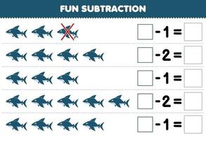 Education game for children fun subtraction by counting cute cartoon shark in each row and eliminating it printable underwater worksheet vector